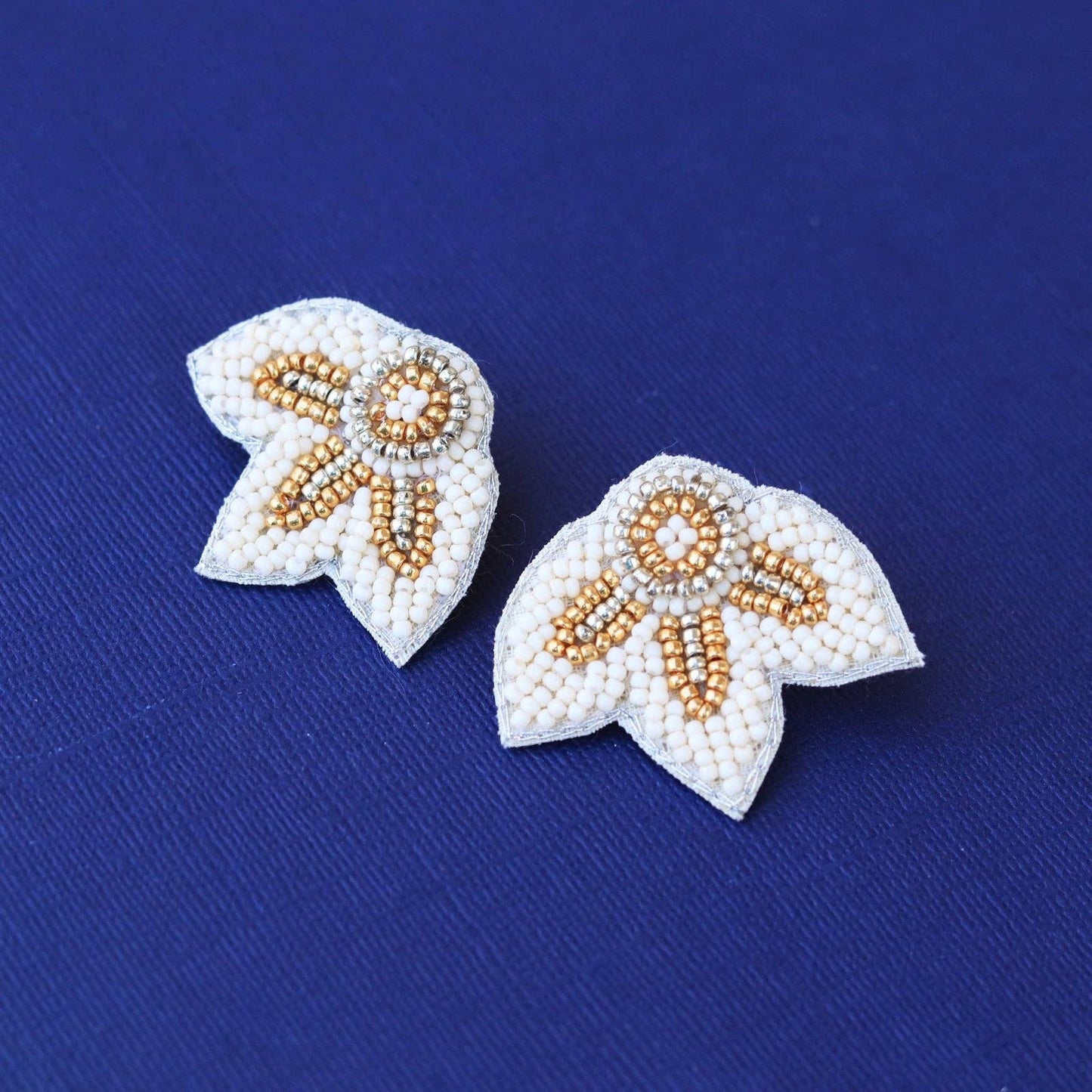 Cream + Gold Beaded Flower Wing Earrings | Custom Petal Stud