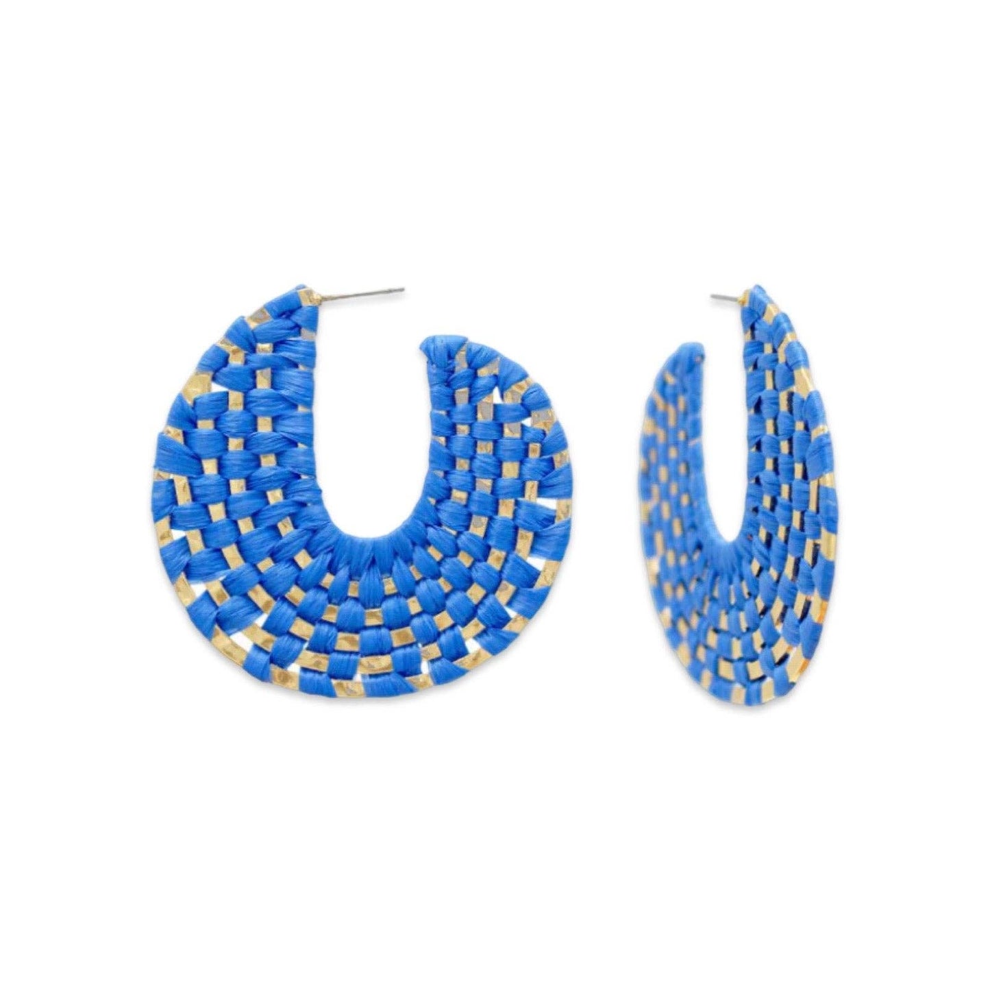 Cobalt Blue + Gold Raffia Wrapped Hoop Earrings | Raffia Hoop