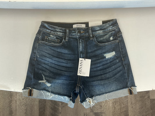 Dark Washed Frayed Hem Denim Zenana Shorts