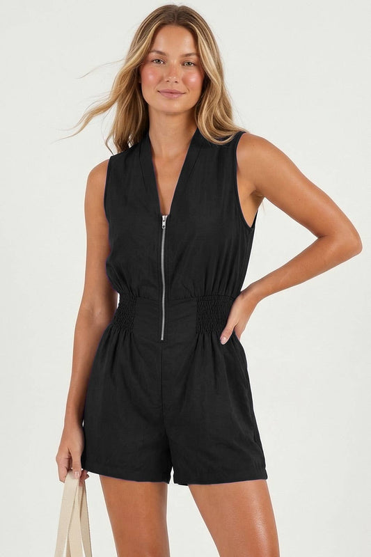 Smocking Sleeveless Front Zip Romper