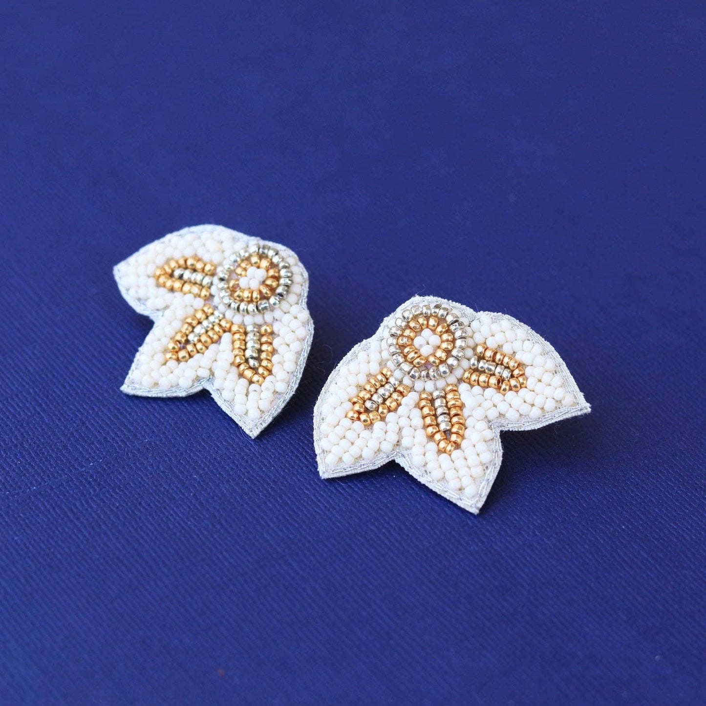 Cream + Gold Beaded Flower Wing Earrings | Custom Petal Stud