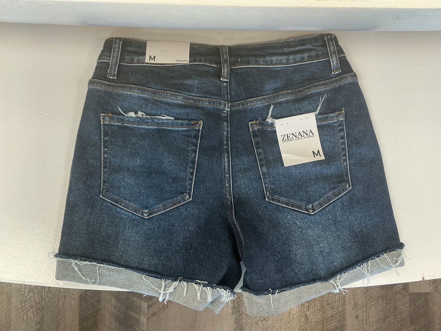 Dark Washed Frayed Hem Denim Zenana Shorts