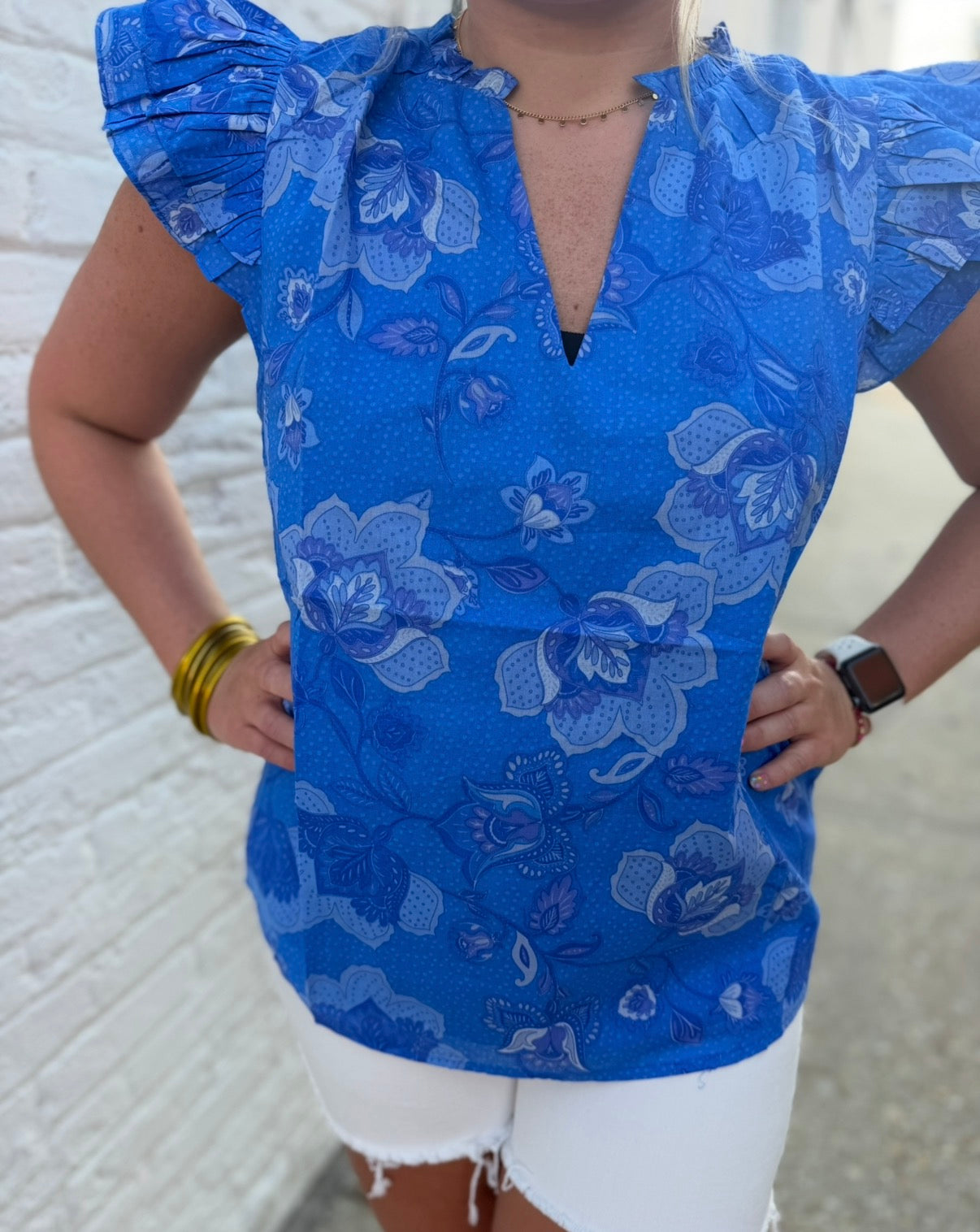 Selma Floral Claramay Ruffle Split Neck Top