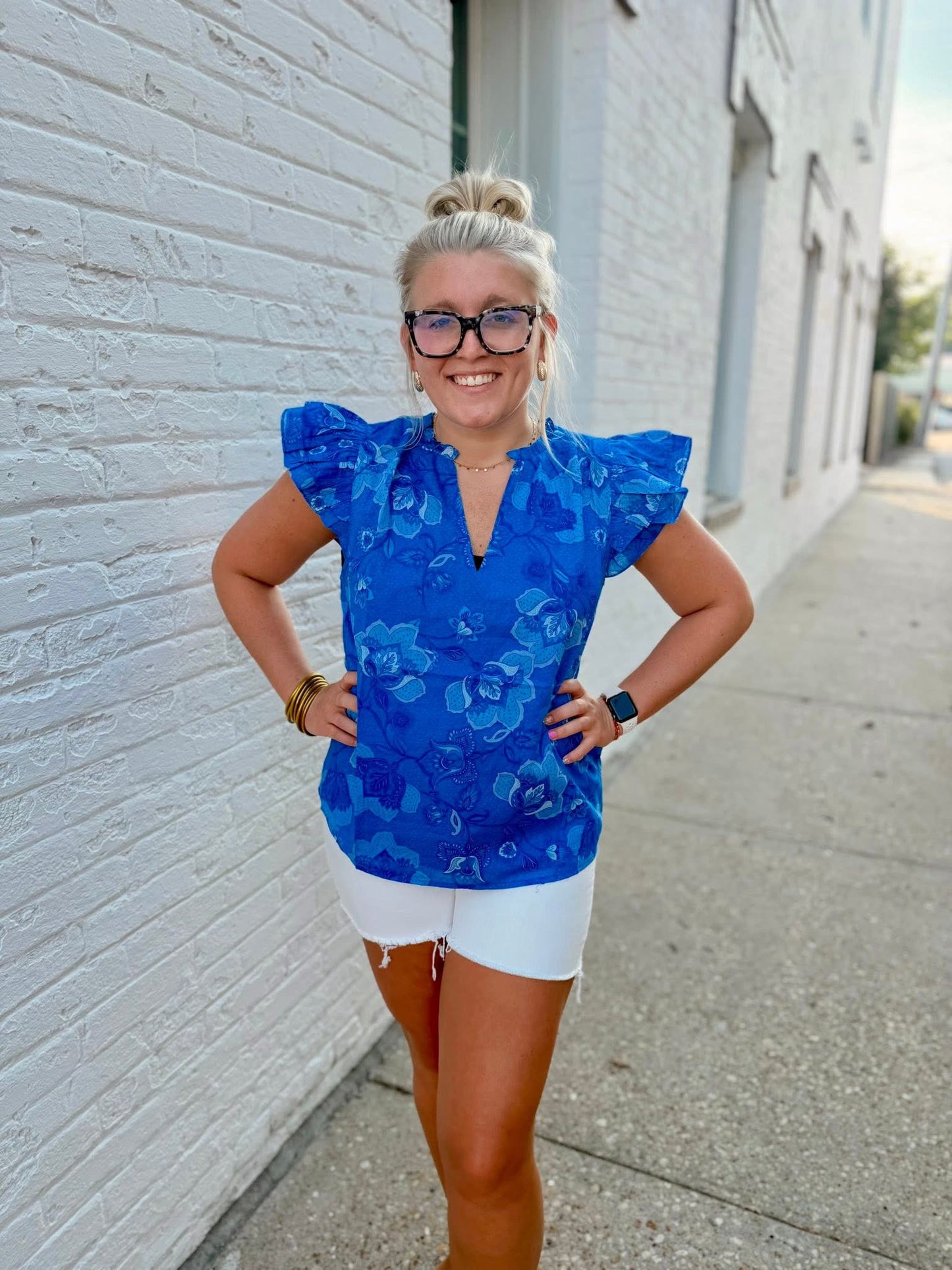Selma Floral Claramay Ruffle Split Neck Top