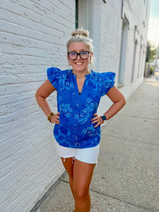 Selma Floral Claramay Ruffle Split Neck Top
