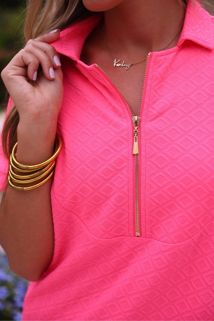 Ezra Textured Zipper Dress- Hot Pink