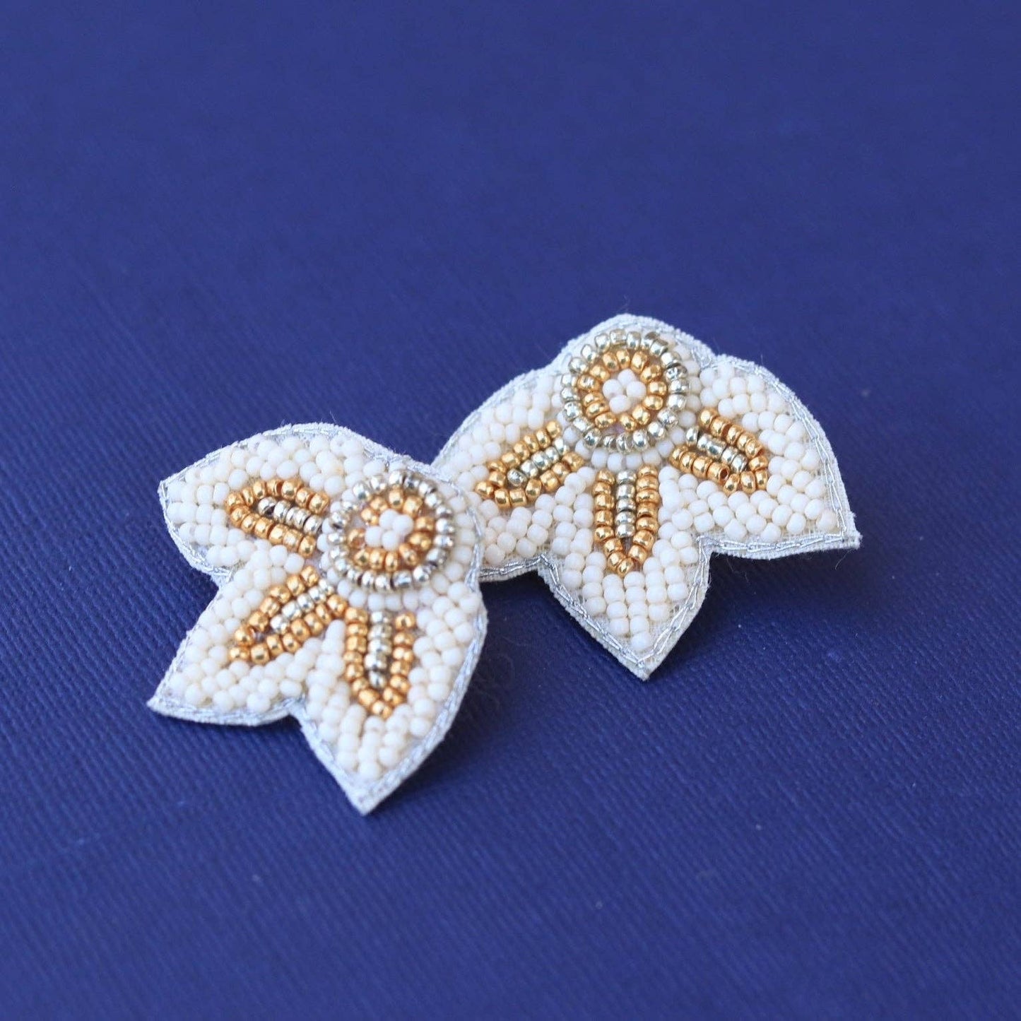 Cream + Gold Beaded Flower Wing Earrings | Custom Petal Stud